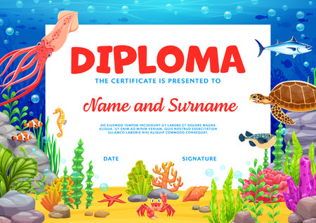 Kids diploma certificate with sea animals and underwater landscape, vector template. Cartoon undersea coral reef fishes with squid, turtle and funny crab for education diploma or certificate awardのイラスト素材