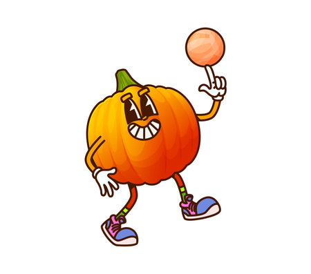Cartoon groovy pumpkin vegetable character in sneakers spinning ball on finger, embodying a playful y2k summer vacation vibe. Vector cheerful ripe gourd veggie retro personage playing beach volleyballのイラスト素材