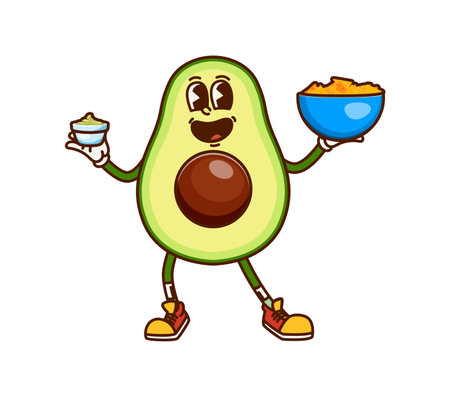 Cartoon groovy avocado character with a big smile holds a bowl of nachos in one hand and a cup of guacamole in the other, exudes fun, playful and friendly vibe for Mexican food and healthy eatingのイラスト素材