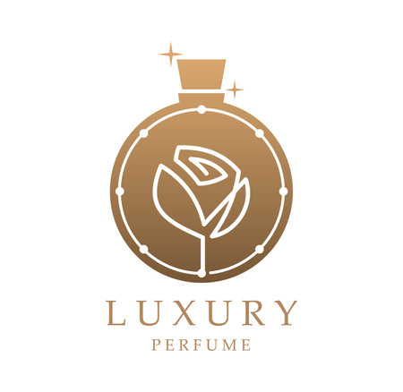 Luxury golden bottle of perfume fragrance for perfumery store, vector emblem. Perfume bottle with rose flower line ornament in golden sparkle shine for premium perfumery brand or luxury boutique badgeのイラスト素材