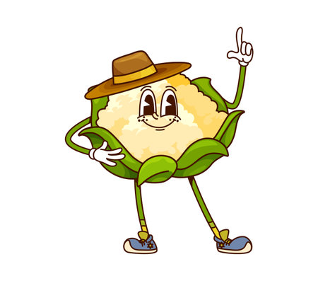 Cartoon groovy cauliflower cabbage cowboy and bandit vegetable character wearing retro cowpuncher hat, standing with finger up and friendly smile. Isolated vector ripe and raw healthy farm food vegのイラスト素材