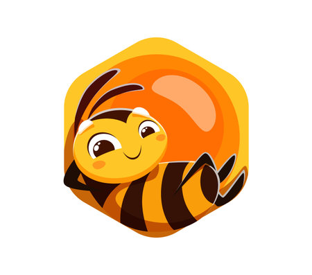 Honey bee character relaxing inside a shiny honey drop with a hexagonal comb shape. Isolated cartoon vector cheerful bee personage for children book, apiary production packaging or beekeeping brandingのイラスト素材