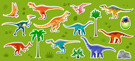 Prehistoric dinosaur and reptile stickers set. Vector patches pack with dino species and elements like trees and rocks. Playful stickers for children educational activities, game, scrapbook hobbiesのイラスト素材