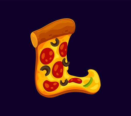 Fast food pizza snack cartoon English alphabet font typeset letter L. Fastfood cafe meal ABC font letter, street cafe vector font typeset symbol. Takeaway pizzeria cartoon English typeset elementのイラスト素材