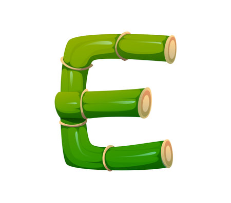 Forest bamboo plant font letter E. China garden plant type symbol, Asian jungle nature and eco bamboo isolated cartoon vector typeset sign. Japan forest tree branch English alphabet font elementのイラスト素材