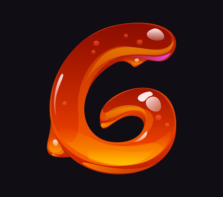 Liquid honey cartoon font digit 6 six. Yellow honey math font digit, liquid caramel vector mathematics typeface figure. Tasty candy cartoon alphabet type number or ABC typeface numeral symbolのイラスト素材