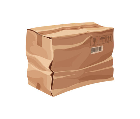 Damaged and ripped package cardboard box. Destroyed crumpled cardboard paper container, ripped crushed isolated cartoon vector cargo parcel. Damaged wet shipping package or broken dirty delivery boxのイラスト素材