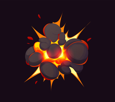 Cartoon boom cloud, bomb explosion blast effect, comic fire and smoke. Vector explode burst with swirling black smoke and bright molten flames at the core, emphasizing energy and fiery destructionのイラスト素材