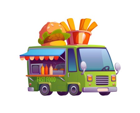 Fast food truck car, vintage festival street foodtruck van in green color with a giant burger and French fries bucket on top. Cartoon vector retro vehicle features an open cooking area, and a awningのイラスト素材