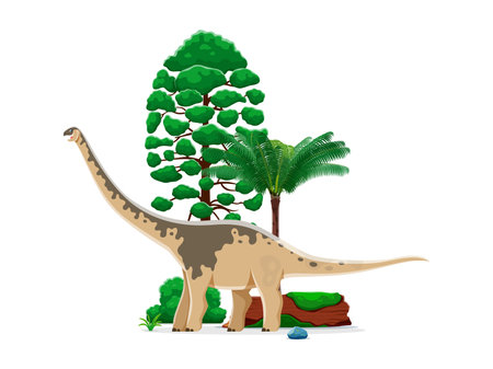 Paralititan prehistoric dinosaur character roaming at serene nature scene. Cartoon vector friendly dino sauropod standing at Jurassic era landscape with lush flora, tall trees, ferns and mossed logのイラスト素材