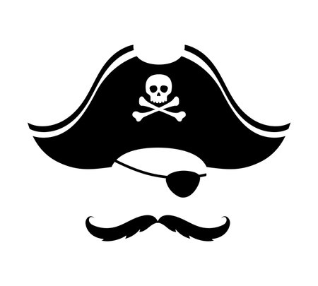Pirate captain photo booth mask with black tricorn hat, mustache and an eye patch. Isolated vector corsair sailor face complete with an eyepatch and cocked hat, swashbuckling skipper costume templateのイラスト素材
