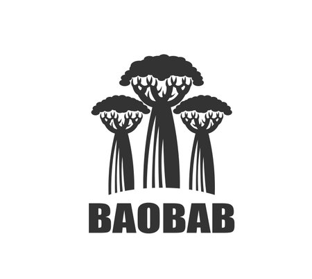 Baobab tree icon. Vector black and white emblem featuring three African baobab tree silhouettes, symbolizing nature, longevity and strength for ecological, environmental, organic or cultural brandingのイラスト素材