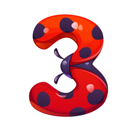 Ladybug insect font cartoon insect digit 3 three. Red insect font vector number, garden ladybug beetle alphabet type digit. Spring lady bug typeface figure or cute ladybird math typeface symbolのイラスト素材
