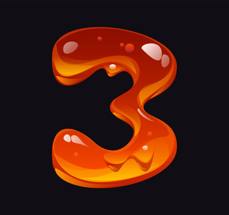 Sweet honey font, amber alphabet digit 3 three. Sweet honey typeface cartoon figure, tasty caramel type digit. Yellow candy kids ABC font number or liquid amber flow alphabet typeface numeral symbolのイラスト素材