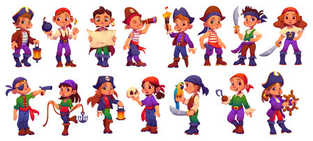 Kid corsair pirate characters, party costumes, swords, guns and hook. Cute boys and girls pirate captain and sailor vector personages with black hats, bandanas and eye patches, treasure map and parrotのイラスト素材