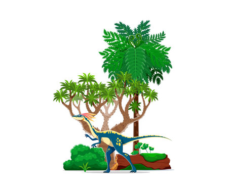 Compsognathus prehistoric dinosaur character in a jungle environment. Cartoon vector carnivorous dino from the late Jurassic period features bright colors and surrounded by lush trees and plantsのイラスト素材
