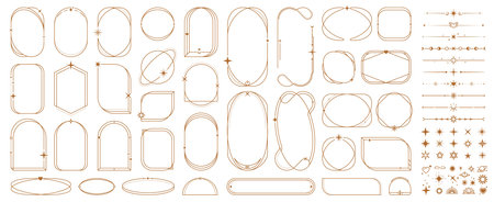 Celestial frames and aesthetic borders, magic stars and sparkles moons, suns and planets. Vector set of elegant golden outline borders. Spiritual, magical elements, twinkles, arches and linear shapesのイラスト素材