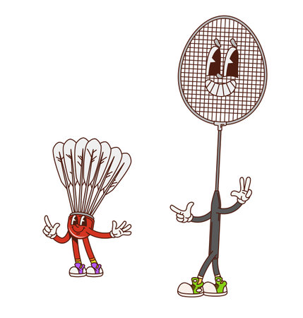 Badminton sport racket and shuttlecock groovy cute characters. Sport game championship funny retro vector personages, competition happy hippie vintage character. Badminton club cute groovy mascotのイラスト素材