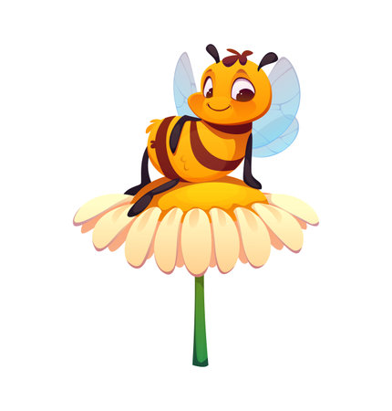 Honey bee sitting on chamomile cute cartoon character. Bumblebee animal cute vector mascot, spring honeybee insect cheerful character. Hive bee baby bug happy personage resting on daisy flowerのイラスト素材