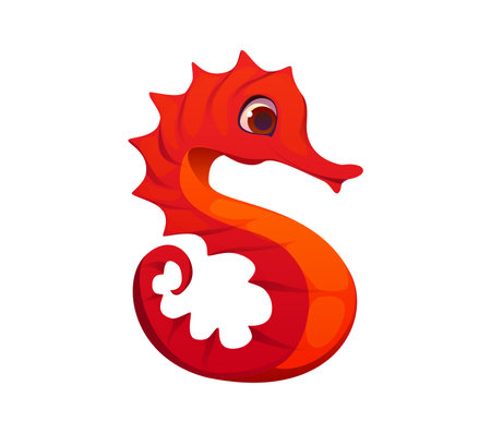 Letter S kids sea animal alphabet as vibrant red seahorse. Cartoon cute abc hippocampus marine character type for children education and fun learning. Funny zoo mascot font, children English typefaceのイラスト素材