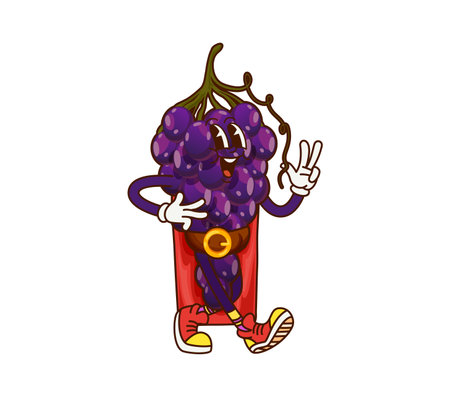 Groovy grapes fruit pirate or corsair cartoon character with funny face, vector personage. Groovy red grape as pirate boatswain or corsair and skipper character with cool gesture and funky smileのイラスト素材