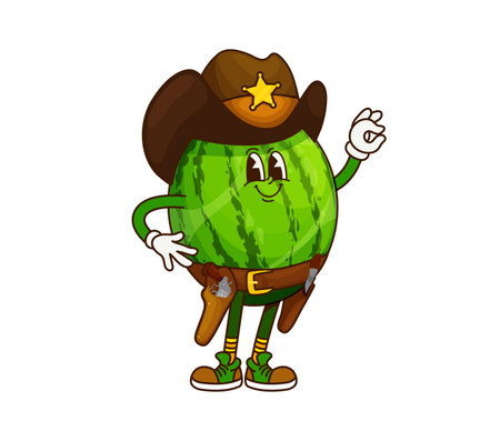 Cartoon groovy watermelon sheriff or cowboy ranger and bandit, vector character. Funny groovy watermelon in cowboy hat as Wild West sheriff or Western ranger and fruit bandit character with Ok gestureのイラスト素材