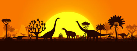Dinosaurs silhouettes on sunset prehistoric landscape with palm trees, hills and plants. Vector serene background with dino species shadows roaming peacefully in front of large sun in orange dusk skyのイラスト素材