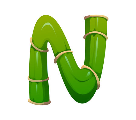 Forest bamboo branch font letter N. Asian jungle bamboo font element, Japan garden plant isolated cartoon vector English alphabet type letter. China forest tree ABC typeset symbol or typeface signのイラスト素材