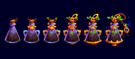 Nature growth power magic rank badge, game level progress stage. Cartoon potion bottles and magical containers showing plant growth. Vector set features glass flasks with soil and leaves progressionのイラスト素材