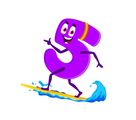 Cartoon math number five character surfing a board on summer vacation. Vector purple 5 digit numeric personage with cheerful face engaged in extreme water activity. Playful numeracy kids learningのイラスト素材