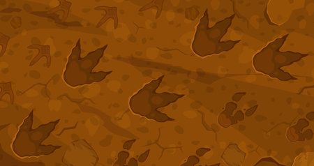 Dinosaur footprints of prehistoric lizard reptiles, foot prints on soil ground, vector cartoon background. Jurassic dinosaur footprints or dino paw prints of reptile lizards or pterodactyl for kidsのイラスト素材