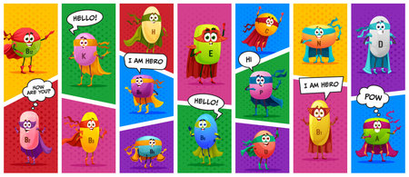 Cartoon superhero vitamin and micronutrient characters collage, vector funny personages. Cartoon...