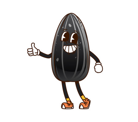Cartoon groovy sunflower seed and nut character flashing thumbs up gesture, exuding happy y2k hippie vibe with a wide smile. Vector retro grain healthy food personage wearing trendy vintage sneakersのイラスト素材