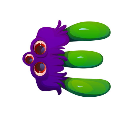 Bizarre monster character cartoon font letter E. Fantasy monster character typeset sign, spooky Halloween scarecrow cartoon vector type symbol. Crazy horror bogle personage kids ABC font elementのイラスト素材