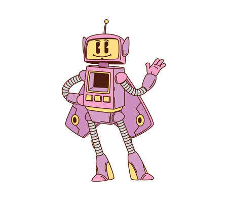 Cartoon funny groovy robot or droid character of robotic woman cyborg, vector transformer. Groovy woman robot or girl droid in pink robotic mantle on heels for funky retro cyborg or futuristic androidのイラスト素材