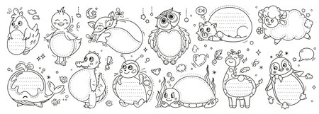 Cute kawaii animal paper note frames for kid labels and stickers, vector memo notice. Paper notes with cartoon animals in doodle line frames for message sticky note, schedule or school calendar diaryのイラスト素材