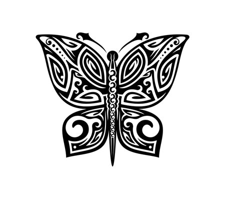 New Zealand Maori tribal butterfly animal tattoo. Polynesian Maori tribal sign, Hawaiian culture motif vector print. Samoan tribe warrior tattoo or New Zealand ethnic animal isolated symbolのイラスト素材