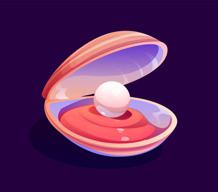 Cartoon pearl shell, underwater oyster and scallop seashell with large pearl resting inside. Vector shell, whimsical ocean treasure, conch game asset with smooth, glossy texture and white luxury pearlのイラスト素材