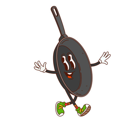Cartoon groovy kitchen pan character with funny face, vector emoji of kitchenware utensil. Funky groovy frypan with freaky happy smile and joy emotion for kitchenware cookware retro cartoon characterのイラスト素材