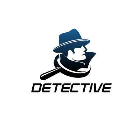 Private detective, crime police inspector and secret agent icon, vector emblem. Detective agency or criminal investigation service company icon of spy man in fedora hat and magnifying glass silhouetteのイラスト素材