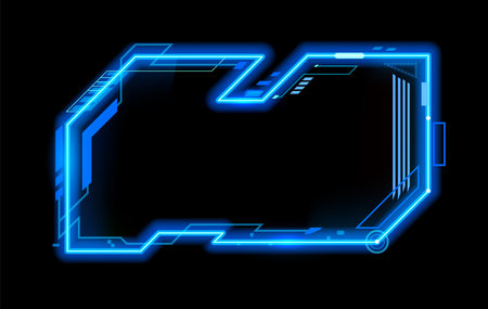 Neon frame for HUD interface overlay and game asset template, vector UI element. Digital screen neon frame for HUD game GUI asset or future tech control panel interface and display message box frameのイラスト素材