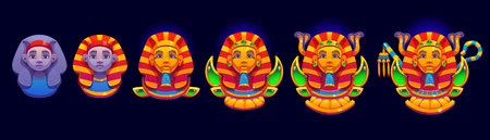 Egypt pharaoh game rating rank badge, level progress. Cartoon vector Egyptian rank ui icons evolution with golden nemes, gems and royal attributes. Game badges for level progression and reward stagesのイラスト素材