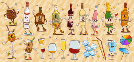 Cartoon groovy alcohol drink and beverage characters of retro hippie bottles and glasses, ice cubes and drinking straws. Vector groovy wine, champagne, whiskey and tequila, vodka, rum and yerba mateのイラスト素材