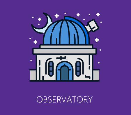 Space galaxy research observatory color thin line icon. Cosmos research line icon, astronomy discovery outline vector sign. Galaxy outerspace exploration linear icon with observatory buildingのイラスト素材
