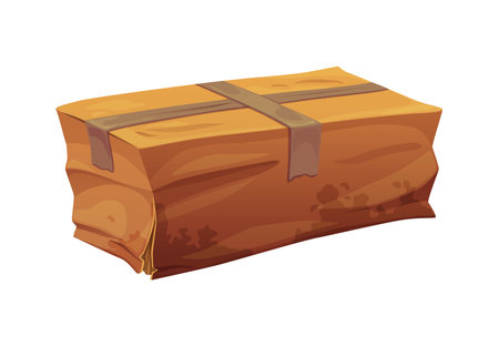 Damaged and dirty delivery cardboard box. Destroyed crushed delivery parcel, broken wet isolated cartoon vector shipping container. Ripped crumpled cardboard paper box or damaged dirty cargo packageのイラスト素材