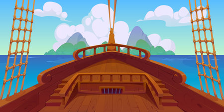 Pirate ship deck interior, sails board view with shrouds and rope ladders, wooden railings, and a ocean view with distant green island under a sunny sky. Cartoon vector game background of corsair boatのイラスト素材