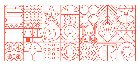 Seafood geometric abstract pattern with red linear marine symbols such as fish, octopus, shell,...