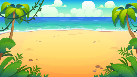 Cartoon tropical island beach landscape with coconut palms, yellow sand, blue ocean waves and bright sunny sky with fluffy clouds, jungle leaves and empty coastline. Vector game level backgroundのイラスト素材