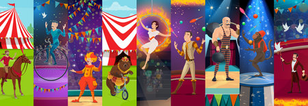 Cartoon circus performer characters collage. Animal tamer, aerial and riding penny-farthing bicycle acrobats, clown, juggler, strongman and magician performers vector personages on circus stageのイラスト素材