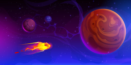 Alien space planets and flying comet or meteor with fire flames trails at universe galaxy landscape vector background. Cartoon alien space sky with planets, stars and meteor shower of flying cometのイラスト素材
